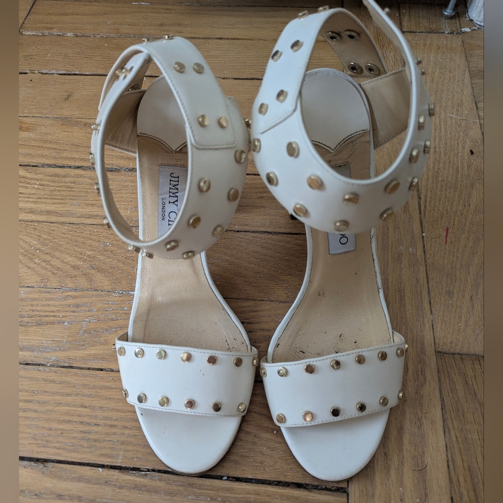 JIMMY CHOO White Gold Studded Leather Women's Sandals Size EUR 39.5 (US 8.5)